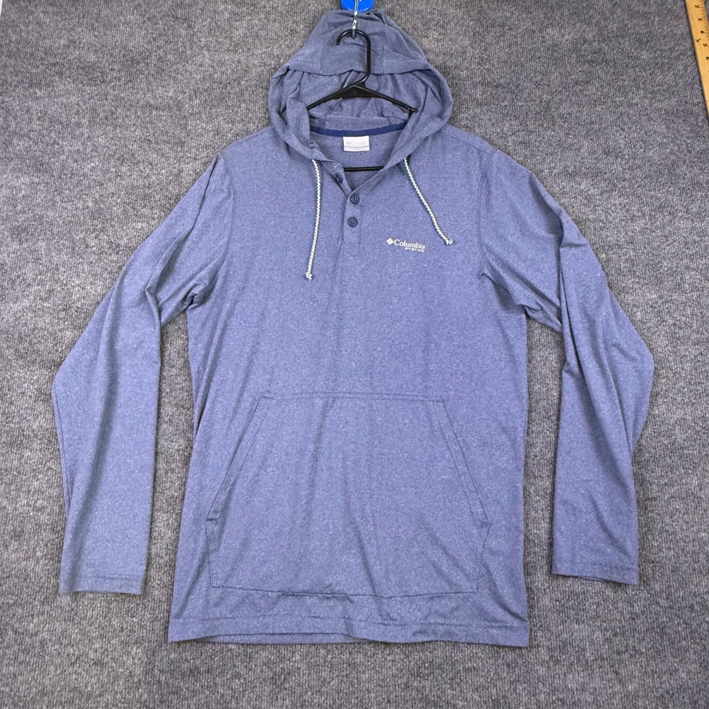 Columbia PFG Mens Blue Heathered Henley Hoodie Sun Shirt Small Lightweight